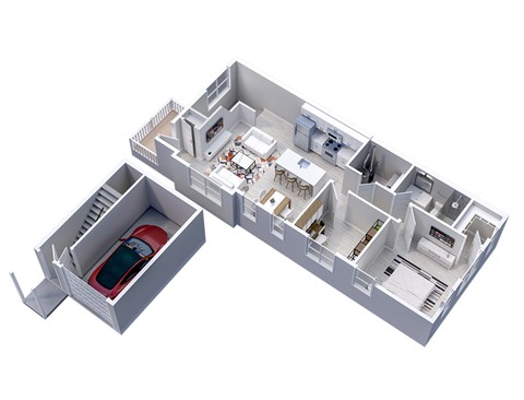 3D floor plan of 1-Bedroom, 1-Bath End Unit Upper Apartment with 1-Car Garage (1073 sq ft)